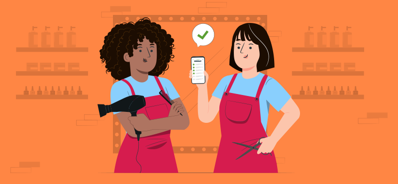Duas cabelereiras segurando um celular com um aplicativo de checklist