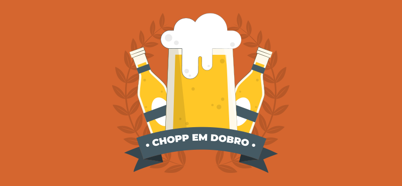 Duas garrafas de cerveja atrás de uma caneca de chopp com uma faixa escrito "chopp em dobro"