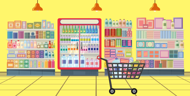Prateleiras de um supermercado mostrando variedade de produtos