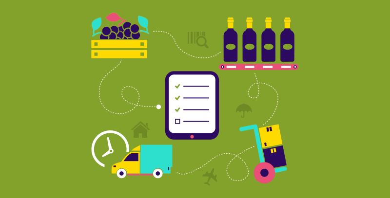 Um caixote de uvas, garrafas de vinho sobre uma esteira industrial, um carrinho<br />
transportando duas caixas e um caminhão de entregas ao redor de um tablet exibindo<br />
um checklist digital.
