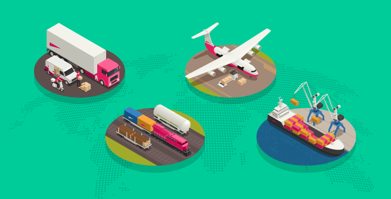Dois caminhões, uma moto, um avião, um trem de carga e um navio de carga, todos transportando mercadorias, mostrando a importância do papel do transporte na logística