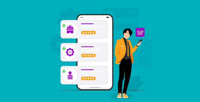 Um homem segurando o celular com uma notificação de compra. Ao lado, um celular com um ícone de equipamentos, um ícone de software e um ícone de melhorias exibidos na tela.