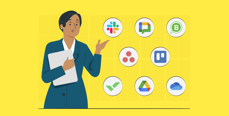 Uma mulher segurando um notebook apontando para oito ícones de aplicativos diferentes que auxiliam na liderança e gestão de equipes.