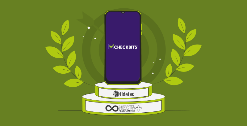 Um celular com o aplicativo Checkbits aberto na tela em cima de um pódio de premiação.