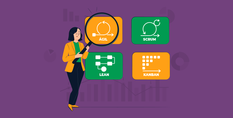 Uma colaboradora segurando uma lupa ao lado de quatro símbolos, um de ágil, um de scrum, um de lean development e um de kanban.