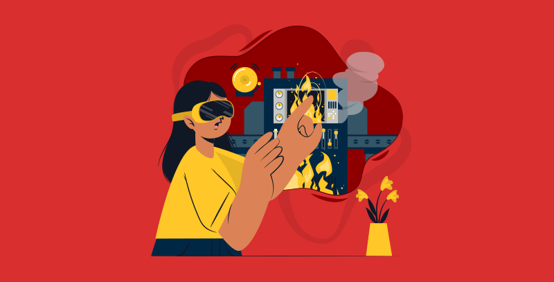 Uma colaboradora usando óculos de realidade aumentada e virtual para realizar um treinamento de<br />
segurança em caso de incêndio com o auxilio de tecnologia na segurança do trabalho.