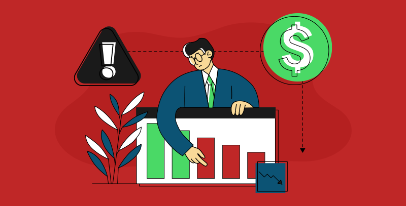 Um colaborador analisando um gráfico de barras em queda. À esquerda uma placa triangular com um ponto de exclamação e à direita uma moeda.