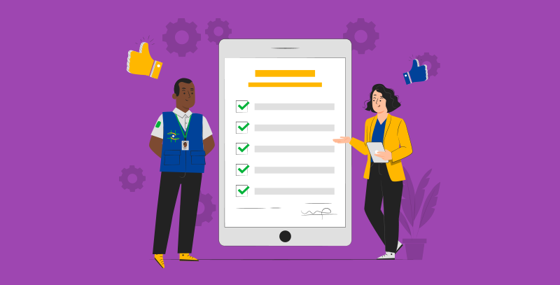 A imagem mostra um agente da vigilância sanitária e mulher de negócios segurando um tablet. Ao centro, há um tablet gigante exibindo um checklist digital com uma assinatura na parte<br />
inferior, simbolizando conformidade e aprovação nos padrões.