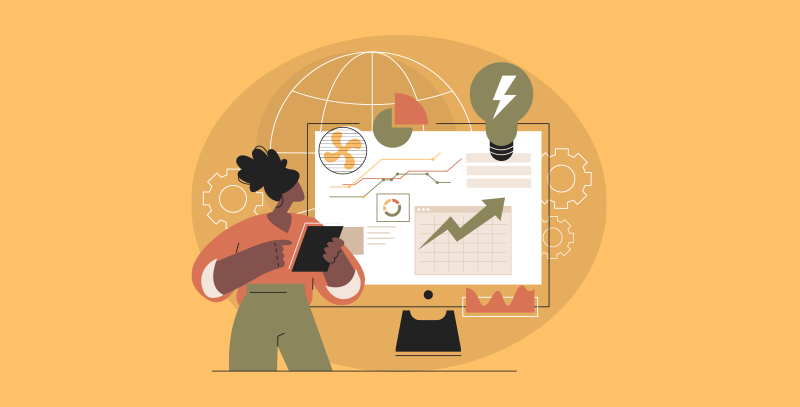 Ilustração de uma pessoa analisando dados em um monitor, com gráficos e ícones que<br />
representam o controle, a operação e a otimização do consumo de energia em sistemas de climatização, como ventilação e ar-condicionado.