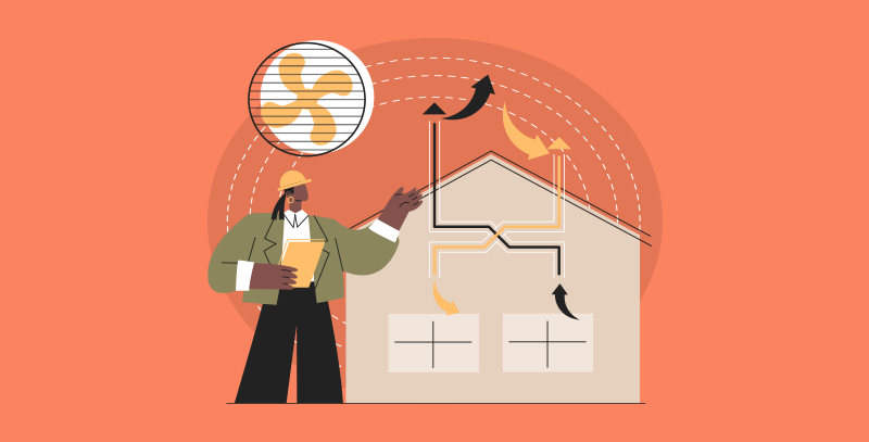 Ilustração de um profissional inspecionando um sistema de ventilação em um edifício.<br />
A imagem mostra fluxos de ar indicando a circulação de ventilação dentro da estrutura, destacando a importância do Plano de Manutenção, Operação e Controle (PMOC) para<br />
garantir a segurança e eficiência dos sistemas de climatização.