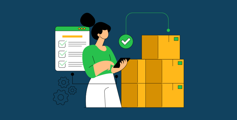 Ilustração de uma pessoa monitorando caixas com um tablet, ao lado de uma lista de verificação, representando práticas de controle e organização na gestão de fornecedores.<br />
A imagem destaca a importância da verificação e do acompanhamento dos processos logísticos.