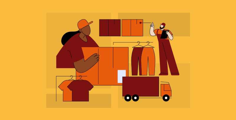 Ilustração de dois trabalhadores com caixa em mãos, rodeado por diferentes itens de estoque e um caminhão de entrega.