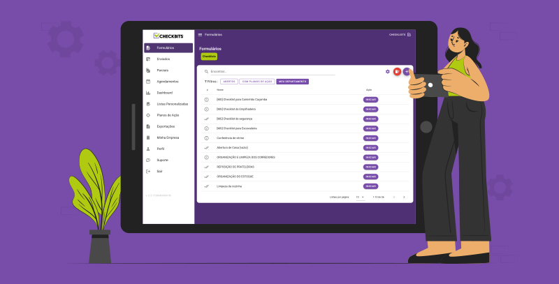 A imagem mostra uma personagem usando um tablet com o aplicativo de checklist digital "Checkbits", simbolizando o uso da tecnologia para otimizar processos e reduzir falhas na operação.