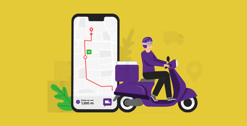 A imagem mostra um entregador em uma moto roxa, ao lado de um smartphone com um mapa exibindo a rota de entrega e a distância total.<br />
O design destaca o uso de tecnologia para monitoramento em tempo real, com pontos de verificação e localização precisa.