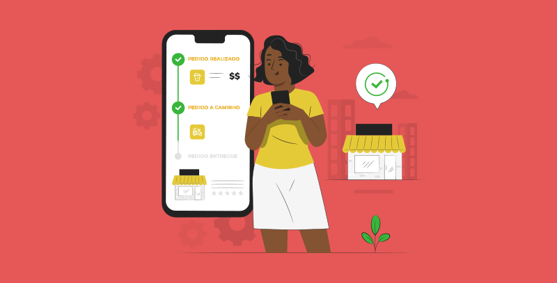 A imagem mostra uma cliente acompanhando o status de seu pedido por meio de um aplicativo no smartphone. A interface indica as etapas: pedido realizado,<br />
em andamento e entregue, com ícones e checkmarks confirmando cada fase. Ao fundo, uma loja física representa o ponto de origem da entrega. A imagem reforça a agilidade e a eficiência na gestão das entregas, destacando a experiência positiva do usuário.