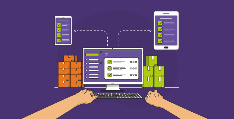 A imagem apresenta um sistema digital de controle de estoque, com um computador central exibindo uma plataforma de checklists digitais conectada a dois<br />
dispositivos móveis e ao fundo algumas caixas de produtos. As mãos à frente do teclado e do mouse indicam a operação ativa do sistema, destacando a<br />
integração entre plataformas digitais para acompanhar e gerenciar o estoque de forma eficiente.