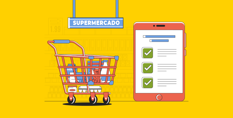 A imagem apresenta um carrinho de compras em frente a uma placa de supermercado, ao lado de um tablet com um checklist digital, indicando tarefas<br />
concluídas. Isso representa uma das tendências para supermercados, destacando o uso de ferramentas digitais para otimizar a gestão e as operações.