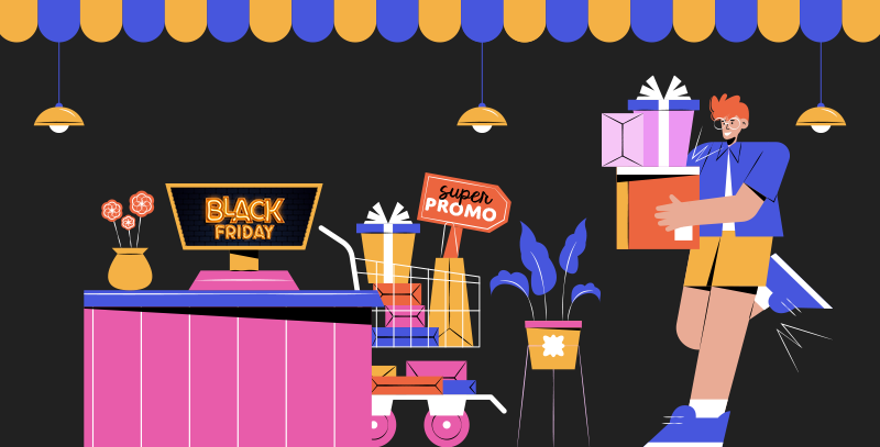 A imagem apresenta uma ilustração em estilo flat com fundo preto, evocando o clima de Black Friday. À esquerda, há um balcão de atendimento com um monitor exibindo "Black Friday" em letras destacadas, sugerindo promoções especiais. Um carrinho de compras repleto de sacolas e caixas de presente com etiquetas de "Super Promo" está próximo ao balcão, enfatizando o tema de descontos e ofertas. À direita, um personagem masculino de cabelo vermelho, vestindo camiseta azul e shorts amarelos, carrega várias caixas de presente, simbolizando um cliente aproveitando as promoções. No topo, um toldo listrado azul e amarelo e luminárias pendentes reforçam o ambiente de uma loja ou mercado. A imagem transmite um cenário de vendas intensas e clima festivo de Black Friday.