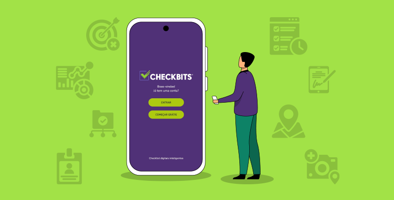 A imagem mostra uma interface do aplicativo Checkbits, que oferece checklists digitais. Em um fundo verde vibrante, há um smartphone em destaque no<br />
centro, exibindo a tela de login do app. Ao lado do smartphone, há um colaborador observando a tela com um smartphone na mão. No fundo, ícones<br />
semitransparentes representam algumas funcionalidades do aplicativo.