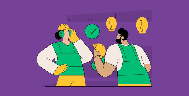 A ilustração mostra dois trabalhadores usando equipamentos de proteção individual (EPIs) e conversando em um ambiente com símbolos relacionados à segurança, como capacetes pendurados em ganchos na parede.