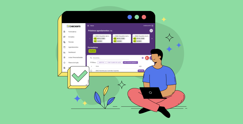 A imagem mostra um colaborador usando o aplicativo Checkbits, com sua interface digital em destaque, simbolizando organização e eficiência.