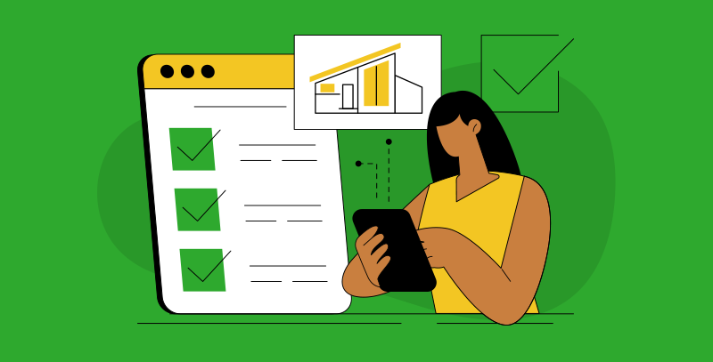 A imagem mostra uma pessoa segurando um dispositivo móvel ao lado de um painel com uma lista de itens marcados e a ilustração de uma edificação, representando organização e planejamento por meio de checklists da construção civil.