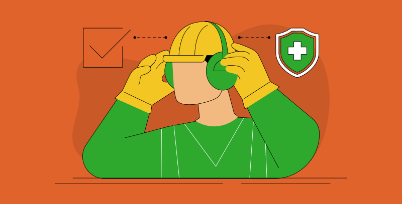 A ilustração mostra um trabalhador da construção civil usando capacete, luvas e protetores auriculares, destacando a importância da segurança no trabalho. Ícones como um checkmark e um escudo com uma cruz verde reforçam a ideia de prevenção e organização ao implementar checklists da construção civil, garantindo processos seguros e eficazes.