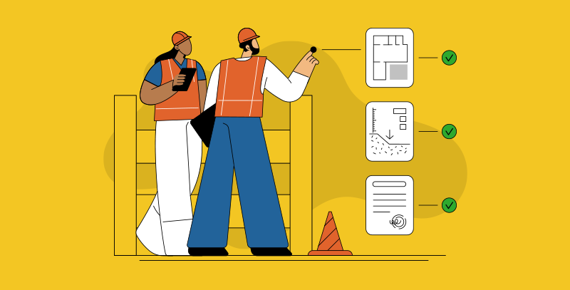 A ilustração apresenta dois trabalhadores da construção civil com coletes e capacetes de segurança, analisando documentos em uma obra. Ao lado, aparecem três checklists com ícones marcados como concluídos, representando plantas, especificações técnicas e documentação aprovada.