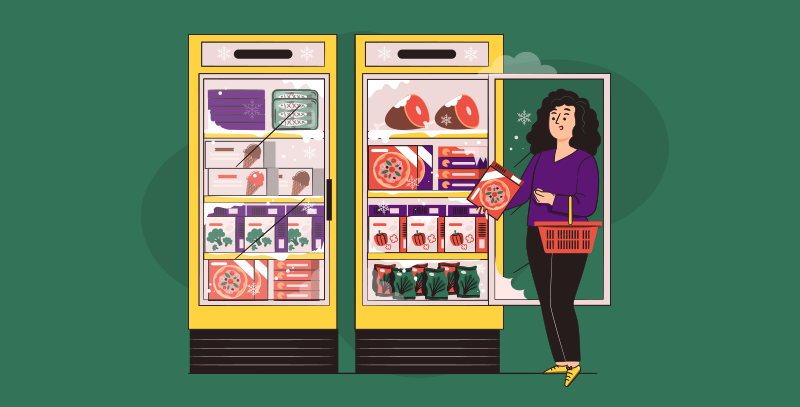 4. Refrigeração A imagem retrata uma consumidora diante de refrigeradores com alimentos congelados.