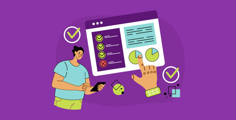 5 App de checklist com funcionalidades avançadas Pessoa interage com app que exibe gráficos e tarefas marcadas, ilustrando soluções de checklists com recursos avançados e monitoramento em tempo real.