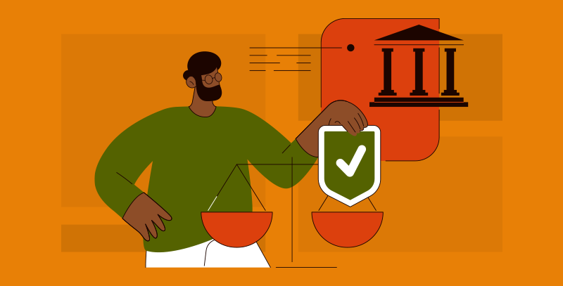 Checklists ESG para o pilar Governança A imagem retrata uma pessoa segurando uma balança e um escudo com marca de verificação, representando a busca por equilíbrio, conformidade e boas práticas no âmbito da governança.