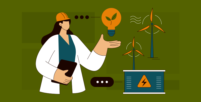 Checklists para pilar ambiental ESG Profissional aponta para turbinas eólicas e símbolo de energia limpa, ilustrando como os checklists ESG contribuem para o cumprimento de metas ambientais e práticas sustentáveis nas empresas.