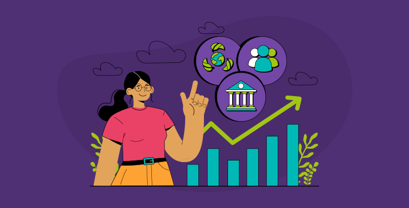 ESG nas empresas benefícios Ilustração mostra uma mulher ao lado de um gráfico de crescimento, apontando para ícones que representam meio ambiente, sociedade e governança, reforçando os benefícios da aplicação do ESG nas empresas.
