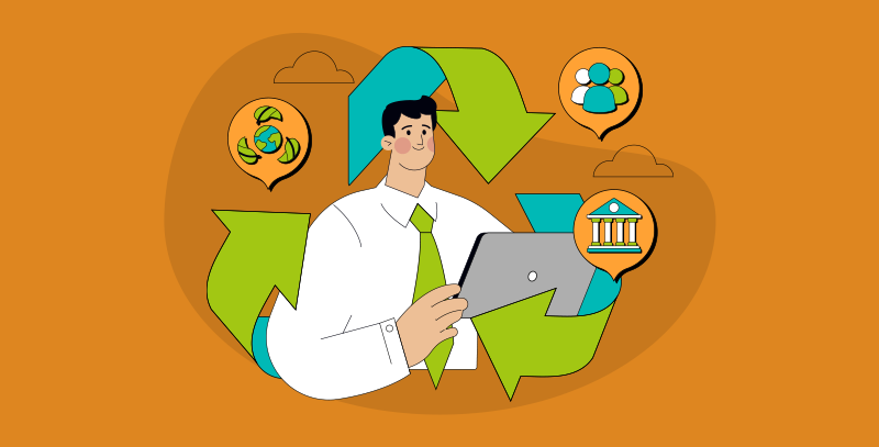 O que é ESG Homem analisa dados em um tablet cercado por ícones de meio ambiente, sociedade e governança, representando os pilares do ESG nas empresas.