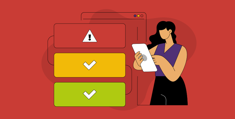O que é um plano de ação Profissional consulta um dispositivo enquanto analisa uma lista com alertas e tarefas concluídas, ilustrando o uso dos planos de ação da Checkbits para organizar e resolver pendências operacionais.
