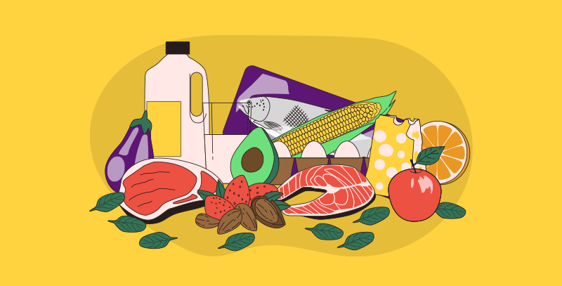 Perdas operacionais mais comuns Imagem mostra diversos alimentos perecíveis como carnes, peixes, frutas, laticínios e vegetais, ilustrando perdas operacionais no varejo causadas por falhas no armazenamento ou no controle de validade.