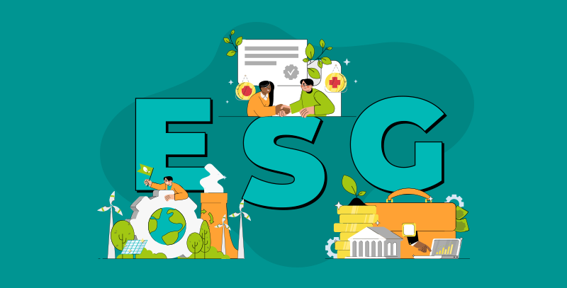 Pilares ESG A imagem destaca os três pilares do ESG nas empresas — ambiental, social e governança — por meio de ilustrações que representam sustentabilidade, responsabilidade social e gestão corporativa.
