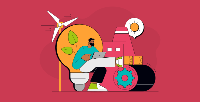 Valorização de ESG pelo público A imagem mostra um profissional utilizando um laptop em meio a elementos que representam sustentabilidade, como uma turbina eólica, uma lâmpada com folhas e uma fábrica, simbolizando inovação e responsabilidade ambiental no setor industrial.