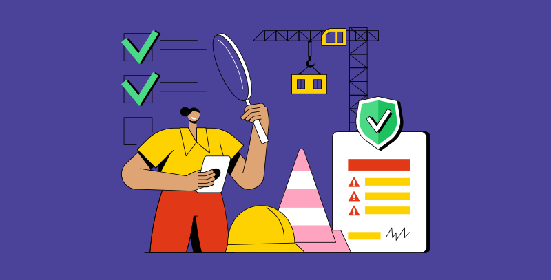 7 dicas para realizar sua APR A imagem mostra um profissional com lupa analisando riscos indicados em um checklist, ao lado de um capacete e um cone de segurança. A ilustração representa o processo de análise preliminar de risco para identificar e prevenir possíveis perigos no ambiente de trabalho.