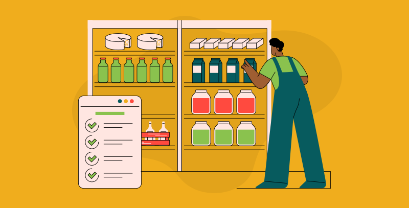9 dicas para a prevenção de perdas em supermercados A imagem mostra um funcionário conferindo produtos em prateleiras, ao lado de um checklist, representando ações práticas voltadas à prevenção de perdas em supermercados.