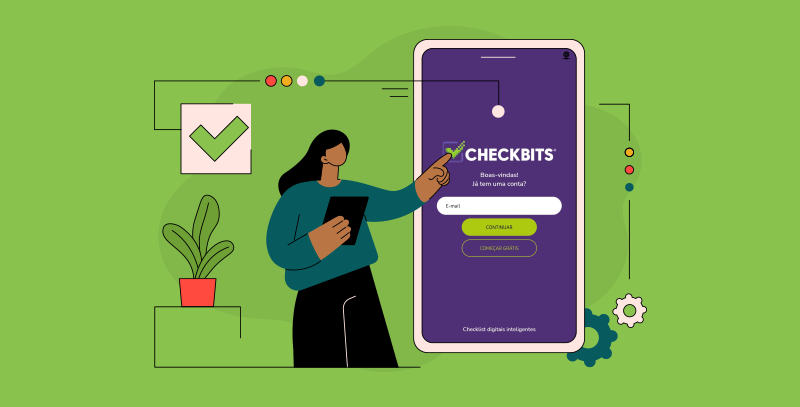 App de checklist grátis por 7 dias A imagem mostra uma mulher interagindo com o aplicativo Checkbits exibido em um celular, exibindo a tela de login.
