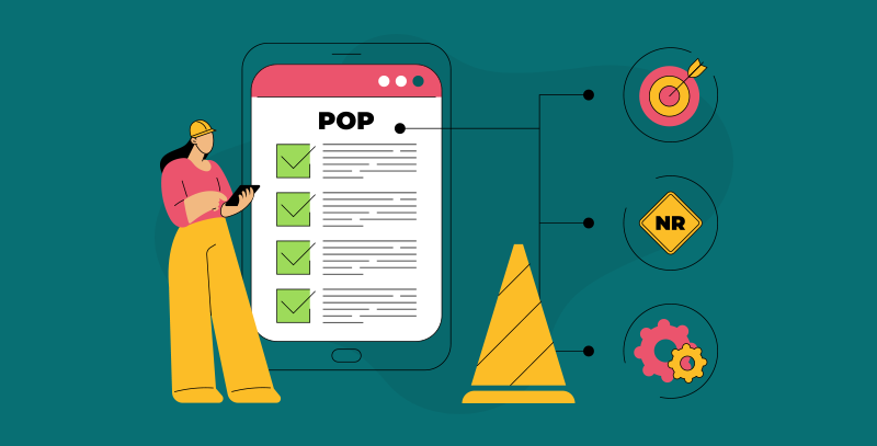 Características de um Procedimento Operacional Padrão A imagem ilustra uma profissional consultando um checklist digital com o título POP, destacando elementos que representam metas, normas regulamentadoras e processos.