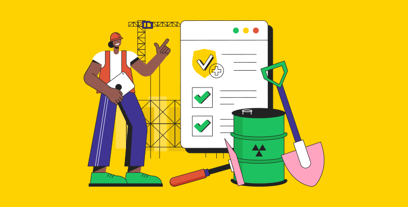 O que é a Análise Preliminar de Risco A imagem mostra um profissional ao lado de uma checklist de segurança, com destaque para um barril com símbolo de risco químico.