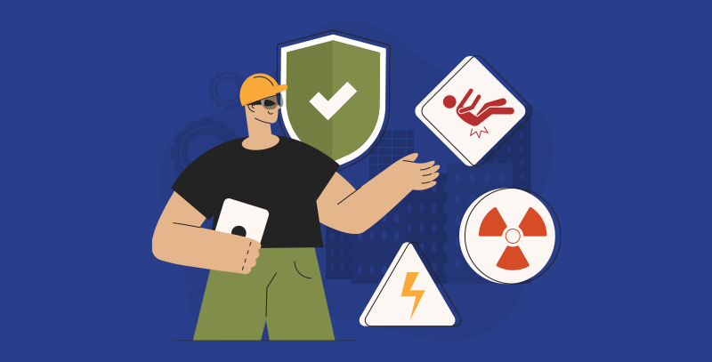 O que é mapa de riscos na segurança do trabalho A imagem retrata um profissional da segurança do trabalho com capacete e prancheta, ao lado de símbolos de alerta e um escudo de proteção, representando a identificação de perigos em um mapa de risco.