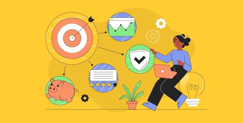 Benefícios da implementação de uma POC Pessoa com notebook interage com elementos visuais que representam economia, desempenho, qualidade e segurança, destacando os principais benefícios da implementação de uma POC.