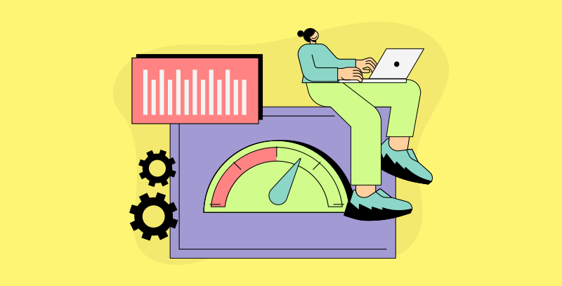 Benefícios da implementação do 5S Ilustração de uma pessoa utilizando notebook sobre um velocímetro e gráficos, representando o impacto da metodologia 5S no aumento da produtividade e eficiência nos processos.