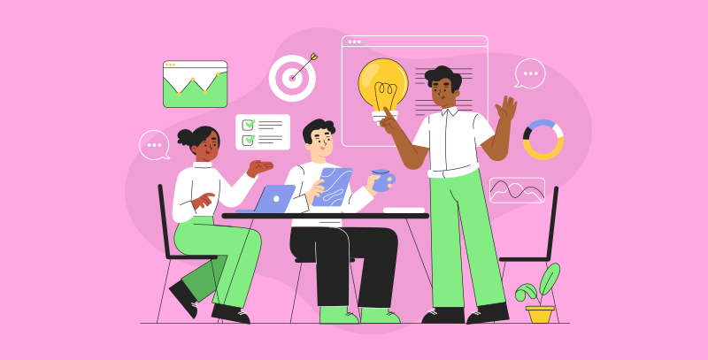 Como elaborar uma POC eficaz Três pessoas trabalham em equipe trocando ideias com base em análises, gráficos e indicadores de desempenho, representando um processo colaborativo para desenvolver soluções eficazes.