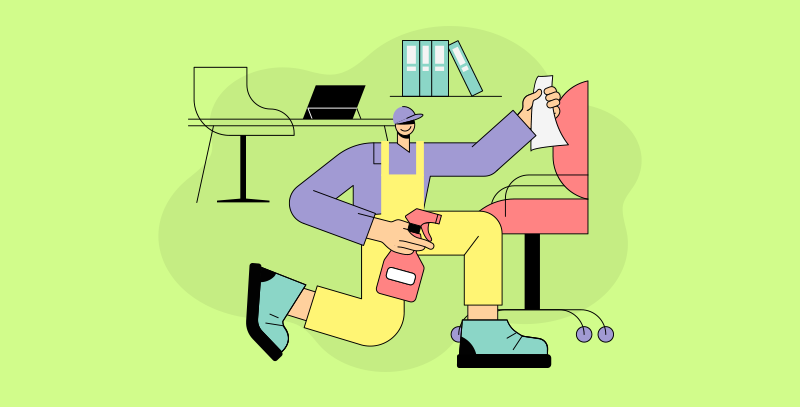Como implementar a metodologia 5S Ilustração de uma pessoa limpando e organizando um ambiente de trabalho, representando a aplicação prática da metodologia 5S para manter a ordem e a padronização nos espaços corporativos.