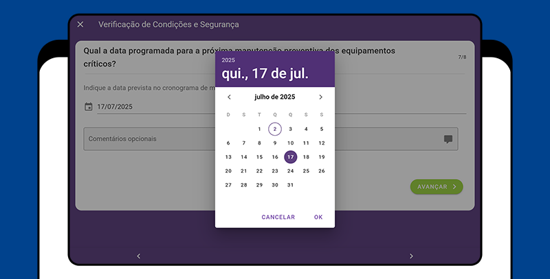 Tela mostrando o preenchimento de uma pergunta com campo de data, utilizada para registrar o agendamento de ações como manutenções preventivas em equipamentos.