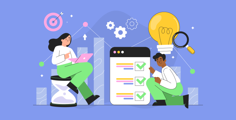 O que é POC Duas pessoas interagem com uma checklist digital em um ambiente repleto de ícones que representam análise, metas e inovação, ilustrando o conceito e aplicação prática de um POC.